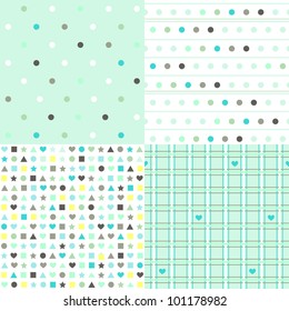 Set of 4 spring seamless patterns with mint hearts