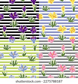 Set of 4 spring texture. Black and white stripe background, pastel colours, sketch, vector.