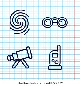 Set of 4 spy outline icons such as baby monitor phone, finger print, binoculars