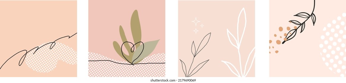 Set of 4 square abstract background for social media post. Pastel theme with minimal black monoline.