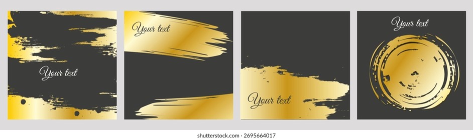 Conjunto de 4 fondos cuadrados: trazos abstractos de oro y texturas sobre un fondo oscuro. Perfecto para redes sociales, branding, presentaciones y publicidad. Diseño de Vector moderno, lujoso y elegante.