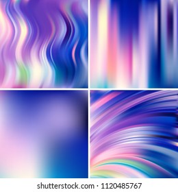 Set of 4 square blurred backgrounds. Vector illustration. Pink, purple, blue, white colors.