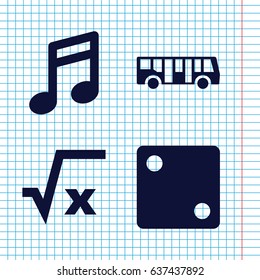 Set of 4 square filled icons such as airport bus, dice, square root