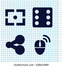 Set of 4 square filled icons such as dice, computer mouse, center focus