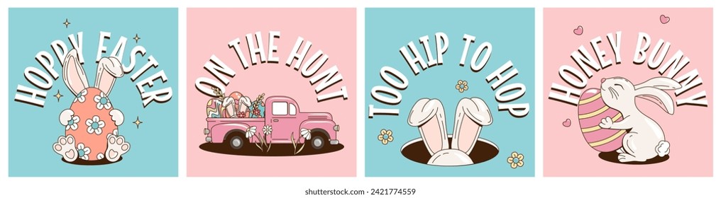 Set of 4 square greeting cards or posters for Happy Easter day with bunny, Easter egg, pickup truck and text. Trendy vector illustrations in retro, groovy style for t-shirt print, cover, social media 