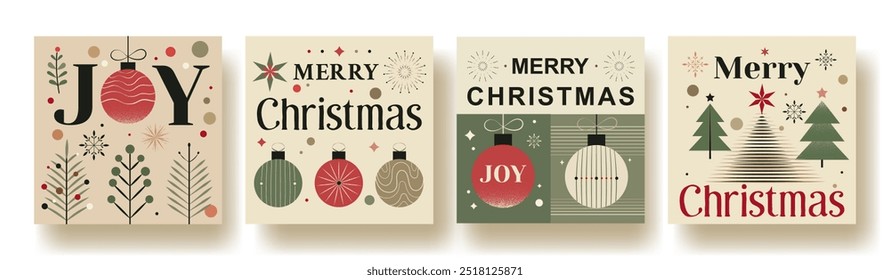 Conjunto de 4 tarjetas de felicitación cuadradas para feliz Navidad. Conjunto de tarjetas de felicitación de Navidades retro de Antiguas. Ilustraciones vectoriales minimalistas de Festiva con adornos, árboles y tipografía