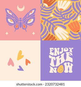 Set of 4 square groovy retro 70s style cards with retro lettering text Enjoy the now, anstract flowers and butterfly. Cool Hippie Prints ideas for Poster, Wall Art. Flat vector illustration.