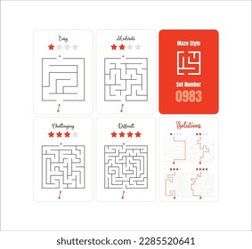 Set of 4 Square Mazes game puzzle printable for kids at varying levels of difficulty from easy to difficult with solutions - classic labyrinth ready for print- Vector - Set 0983