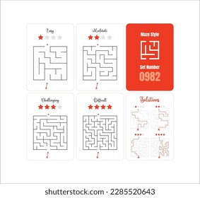 Set of 4 Square Mazes game puzzle printable for kids at varying levels of difficulty from easy to difficult with solutions - classic labyrinth ready for print- Vector - Set 0982