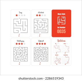 Juego de 4 rompecabezas de juego de Mazes cuadrados imprimibles para niños con diferentes niveles de dificultad de fácil a difícil con soluciones - laberinto clásico listo para imprimir- Vector - Set 0035