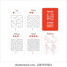 Juego de 4 rompecabezas de juego de Mazes cuadrados imprimibles para niños con diferentes niveles de dificultad de fácil a difícil con soluciones - laberinto clásico listo para imprimir- Vector - Set 0897