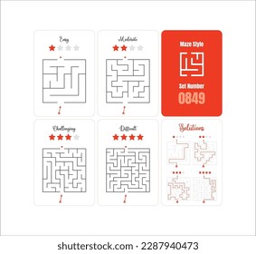 Set of 4 Square Mazes game puzzle printable for kids at varying levels of difficulty from easy to difficult with solutions - classic labyrinth ready for print- Vector - Set 0849