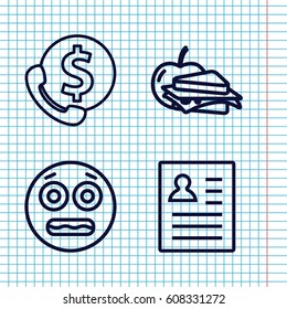 Set of 4 square outline icons such as sandwich and apple, shocked emoji, resume