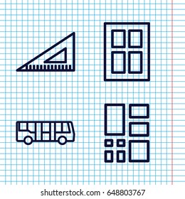 Set of 4 square outline icons such as airport bus, window, ruler