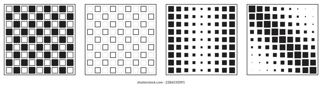 Set of 4 square shapes black and white seamless patterns in square frame design. Vector illustration.