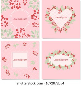 Set of 4 square vector backgrounds in pink with floral elements. Gentle design for social networks, postcards, posters, invitations, flyers   