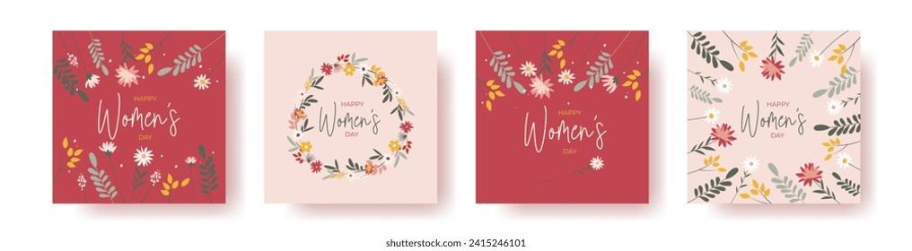 Set of 4 squate greeting cards for international women's day with calligraphic hand written phrase. Women with flowers. Eight march. Hand drawn flat vector illustration