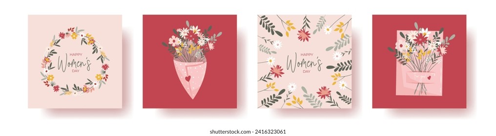 Set of 4 squate greeting cards for international women's day with calligraphic hand written phrase. Women with flowers. Eight march. Hand drawn flat vector illustration