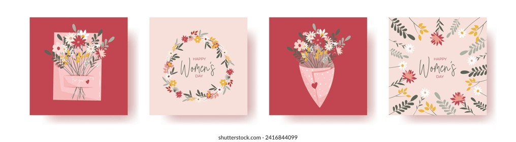 Set of 4 squate greeting cards for international women's day with calligraphic hand written phrase. Women with flowers. Eight march. Hand drawn flat vector illustration
