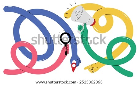 Set with 4 squiggly long hands with different hand gestures, holding magnifying glass, loudspeaker, geo pin. Hand drawn isolated vector illustrations