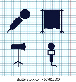 Set of 4 stage filled icons such as microphone, studio lamp