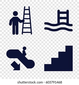 Set of 4 staircase filled icons such as escalator down, stair, man with ladder