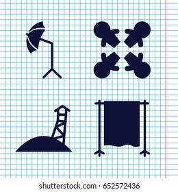 Set of 4 stand filled icons such as studio umbrella, studio curtain, observation military tower