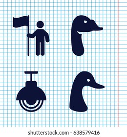 Set of 4 standing filled icons such as goose, street lamp