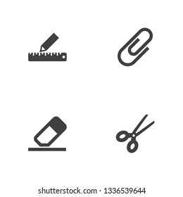 Set of 4 stationery icons set. Collection of paper clamp, eraser, ruler and other elements.