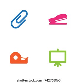 Set Of 4 Stationery Icons Set.Collection Of Whiteboard, stapler, Clip And Other Elements.