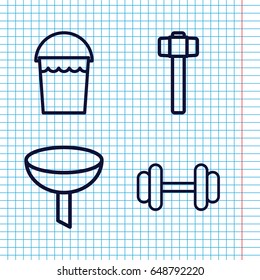Set of 4 steel outline icons such as bucket, garden hammer, barbell