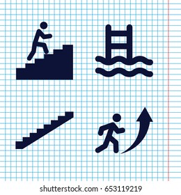 Set of 4 step filled icons such as stairs, man climbing stairs, man going up