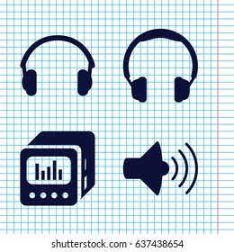 Set of 4 stereo filled icons such as volume, earphones, loud speaker with equalizer