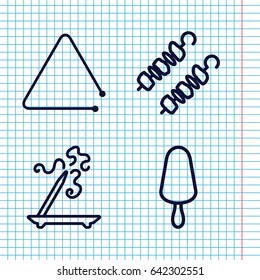 Set of 4 stick outline icons such as aroma stick, ice cream on stick, triangle musical instrument