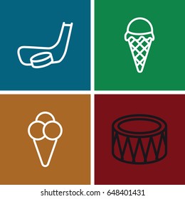 Set Of 4 Stick Outline Icons Such As Drum, Ice Cream