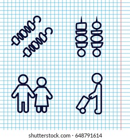 Set of 4 stick outline icons such as man with luggage, kebab