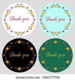 Set of 4 sticker templates. Words " Thank You " . Floral design labels. For Thanksgiving Day, Party, Fiesta , Birthday, Wedding, Baby Shower, Packaging.