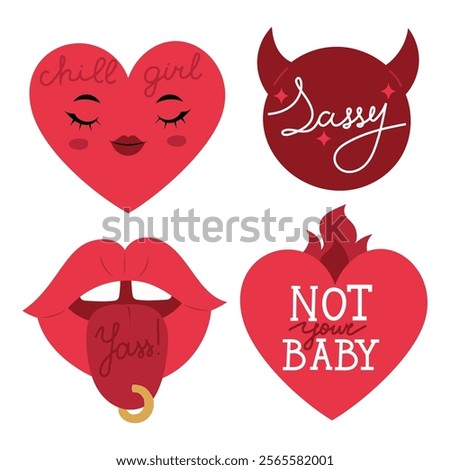 Set with 4 stickers or badges with  bossy mindset phrases, sarcastic quotes. Hand drawn isolated vector illustrations with editable calligraphy
