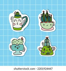 A set of 4 stickers of cacti in pots. Cute cacti with different emotions. Design for stickers, scrapbooking and printed products design