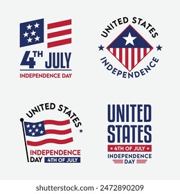 Set of 4 Stickers. Happy 4th of July USA Independence Day Elements. Clean Minimalist Memorial Day Stickers. Vector Illustration