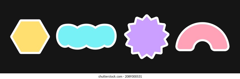Set of 4 stickers and patches with copy space in retro pop style colorful pastel colors with a stroke. Simple isolated vector shapes for promo, packaging, social media posts, printing. Cool graphic