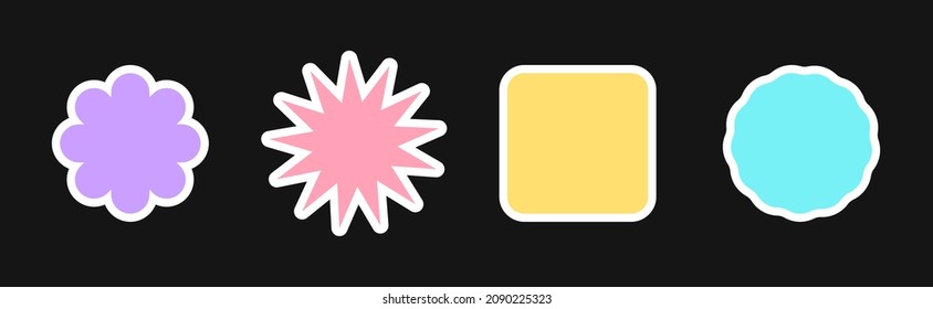 Set of 4 stickers and patches with copy space in retro pop style colorful pastel colors with a stroke. Simple isolated vector shapes for promo, packaging, social media posts, printing. Cool graphic