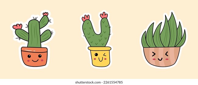 Juego de 4 iconos de Stiker Cactus Cute, Estilo delgado Doodle, ilustración vectorial