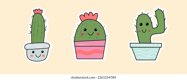 Set of 4 Stiker Cactus Cute icons, thin Doodle Style, vector illustration