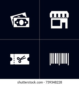 Set Of 4 Store Icons Set.Collection Of Dollar, Identification Code, Ticket And Other Elements.