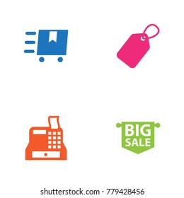 Set Of 4 Store Icons Set.Collection Of Label, Cargo, Advertising And Other Elements.