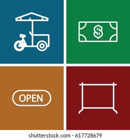 set of 4 store outline icons such as Money, hanger, fast food cart