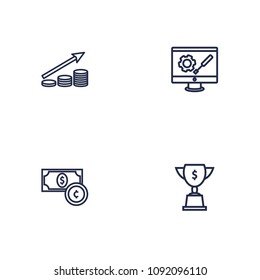 Set of 4 strategy icons line style set. Collection of goblet, profit, money growth and other elements.