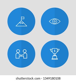 Set of 4 strategy icons line style set. Collection of vision, meeting, achievement and other elements.