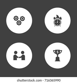 Set Of 4 Strategy Icons Set.Collection Of Goblet, Gear, Time In Fire And Other Elements.